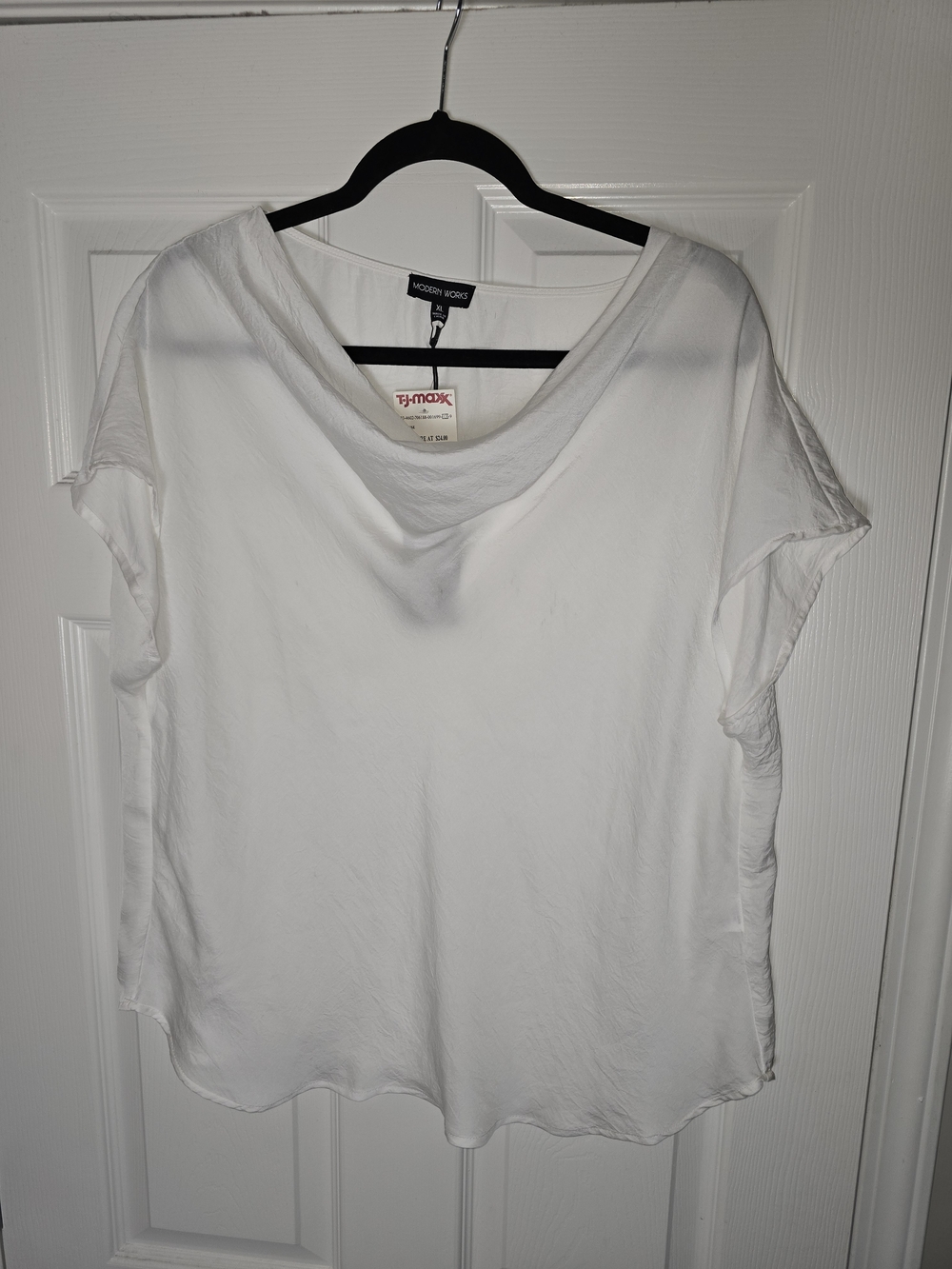 Modern Works Drape Neck White Blouse Short Sleeve Size XL